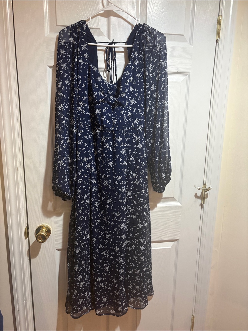 Trixxi Navy Floral Midi Dress with Sheer Long Sleeves